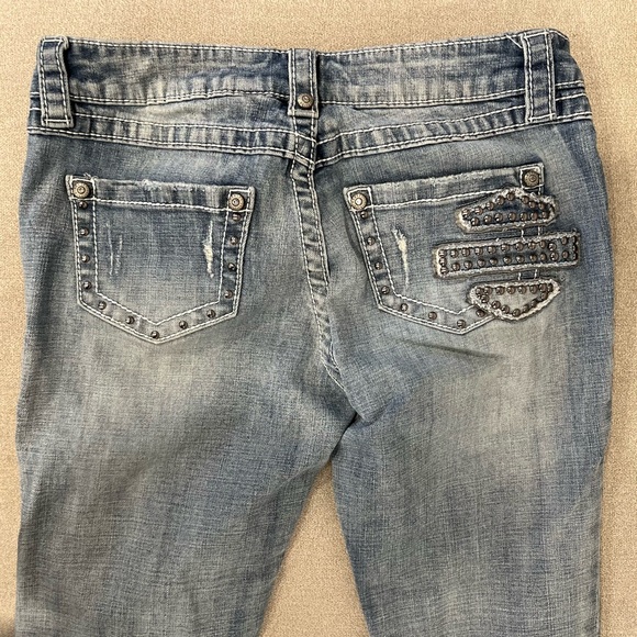 Harley Davidson distressed ripped low rise jeans. Gem and stud details. - Picture 11 of 15